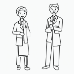 A simple black and white vector line art of a doctor with a stethoscope and a smiling patient, ideal for a children's printable coloring page.