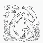 Black and white illustration of a playful dolphin family in vector outlines, perfect for coloring book enthusiasts looking for creative marine adventures.