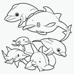 Black and white line art of a dolphin family with simple outlines, designed for coloring book style with a white background, no shading, outline only.
