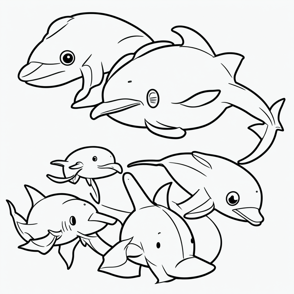 Dolphin Family Line Art: Simple Outlines for Coloring