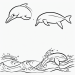 Simple black and white vector line art of two dolphins jumping over waves, perfect for a children's printable coloring page with bold outlines and no fill.