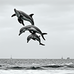 A dolphin jumping from water in simple black and white line art, perfect for coloring with clean outlines and blank fill areas on a white background.