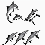 Black and white line art of dolphins jumping in the ocean, featuring simple outlines and blank fill areas, ideal for a coloring book style.