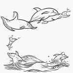 Simple black and white vector line art of two dolphins jumping over ocean waves with bold, clean outlines on a flat white background.