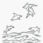 Simple black and white vector line art of two dolphins jumping over ocean waves, designed for a children's printable coloring page with bold outlines.