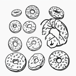 A simple outline of a donut cartoon in black and white line art, designed for coloring enthusiasts with clean and uncolored areas on a white background.