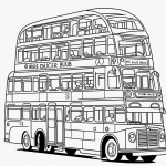 Black and white line art of a double decker bus, perfect for coloring book enthusiasts, featuring simple outlines and uncolored areas.