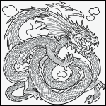 Black and white line art of a fire-breathing dragon with clean outlines and blank fill areas, designed for coloring book enthusiasts.