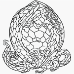Black and white line art of a dragon egg cartoon with simple, clean outlines and uncolored areas, ideal for a coloring book style activity.