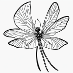 A detailed dragonfly cartoon line art image featuring simple outlines in pure black and white, ideal for coloring book enthusiasts seeking creative expression.