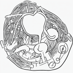 Simple black and white vector line art of a drum and musical notes, featuring bold clean outlines and minimal composition, ideal for children's coloring pages.