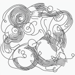 Simple black and white vector line art of a drum and musical notes with bold clean outlines on a flat white background, perfect for children's coloring pages.