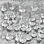 Line art of ducklings in a pond with simple outlines, perfect for coloring book enthusiasts seeking a pure black and white design with blank fill areas.