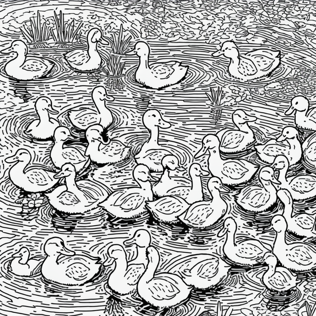 Coloring Book Style: Ducklings in Pond Line Art
