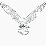 Simple black and white vector line art of an eagle flying with open wings, ideal for children's printable coloring pages, featuring bold clean outlines.