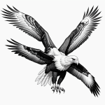 A detailed black and white line art of a flying eagle, featuring clean outlines and blank fill areas, perfect for coloring book enthusiasts.