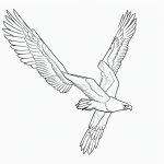Simple black and white vector line art of an eagle flying with open wings, featuring bold, clean outlines and a minimal composition for children's coloring.