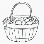 A simple black and white vector line art of an Easter basket filled with eggs, featuring bold clean outlines and a flat white background, ideal for coloring pages.