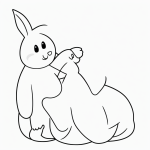 Simple black and white vector line art of an Easter bunny holding an egg, with bold outlines and no fill, designed as a children's printable coloring page.