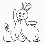 A simple black and white vector line art of an Easter bunny holding an egg, ideal for children's printable coloring pages with bold outlines and minimal composition.