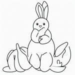 Simple black and white vector line art of an Easter bunny holding an egg, featuring bold clean outlines, ideal for children's printable coloring pages.