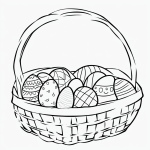 A black and white vector line art of Easter eggs in a basket, featuring bold, clean outlines on a flat white background, ideal for a children's coloring page.