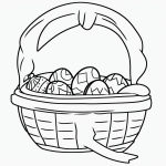 Black and white vector line art of Easter eggs in a basket with bold outlines, designed as a children's printable coloring page with a minimal composition.