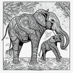 Black and white coloring book illustration of an elephant spraying water, featuring bold outlines and no shading, ideal for artistic coloring enthusiasts.