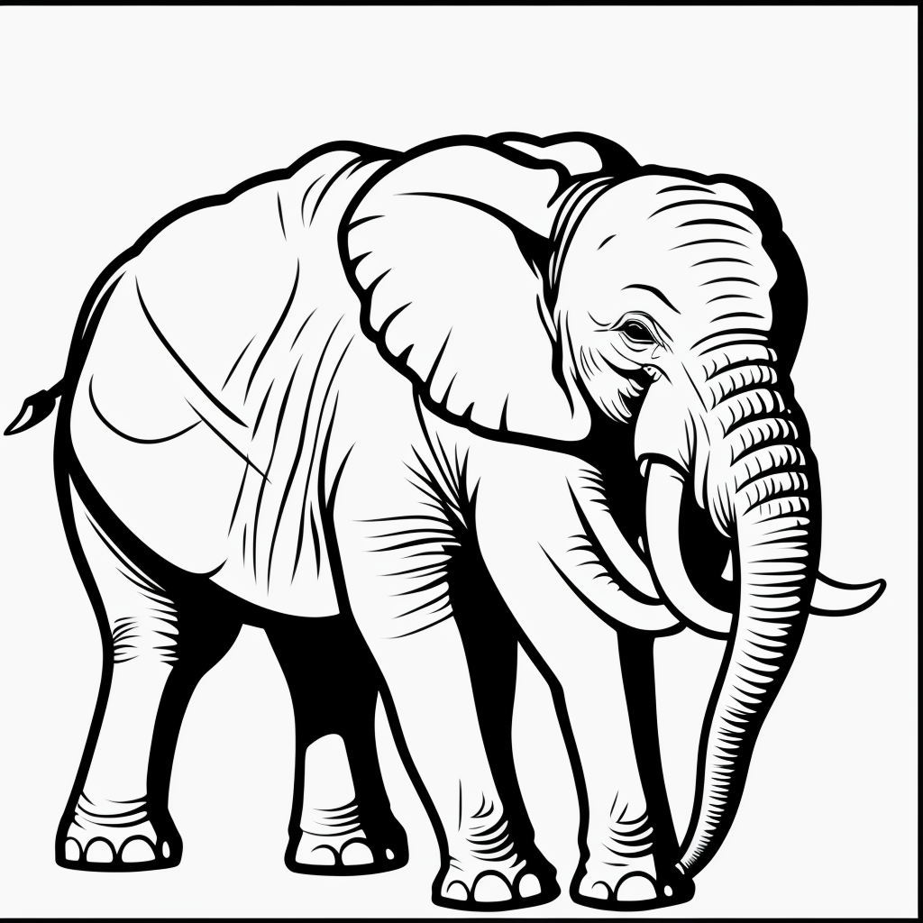 Elephant Sprays Water: Black and White Line Art