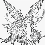 Black and white line art of a fairy with wings and wand, featuring clean outlines and blank fill areas, perfect for coloring book enthusiasts.
