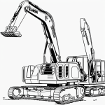 Black and white excavator cartoon line art with clean outlines, perfect for coloring book enthusiasts looking for simple, uncolored designs with no shading.