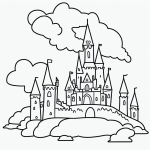 Black and white vector line art of a fairy castle on a cloud with bold clean outlines, creating a printable coloring page style illustration.