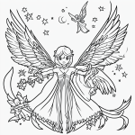 A fairy with wings and a wand depicted in simple black and white line art, ideal for coloring book enthusiasts, featuring clean outlines and no shading.