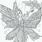 Black and white fairy line art featuring simple outlines and blank fill areas, perfect for coloring book enthusiasts to unleash their creativity.
