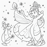 Simple black and white vector line art of a fairy sprinkling magic dust, designed as a children's printable coloring page with bold, clean outlines.