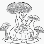 Simple black and white vector line art of a fairy sitting on a mushroom with bold clean outlines, perfect for a printable coloring page.