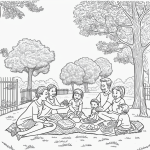 Black and white line art of a family having a picnic in a park, designed in a coloring book style with simple outlines and blank fill areas, ready for coloring.