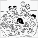 Simple black and white vector line art of a family having a picnic on a blanket with bold clean outlines, perfect for children's coloring pages.