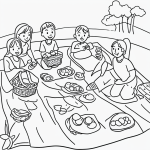 Black and white vector line art of a family having a picnic on a blanket, featuring bold clean outlines and minimalistic design, perfect for children's coloring pages.