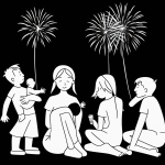 A simple black and white vector line art depicting a family watching fireworks, featuring bold clean outlines and a flat white background, ideal for coloring.