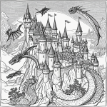 A detailed ink line drawing of a fantasy castle on a hill with dragons flying above, designed as a black and white coloring sheet for creative exploration.