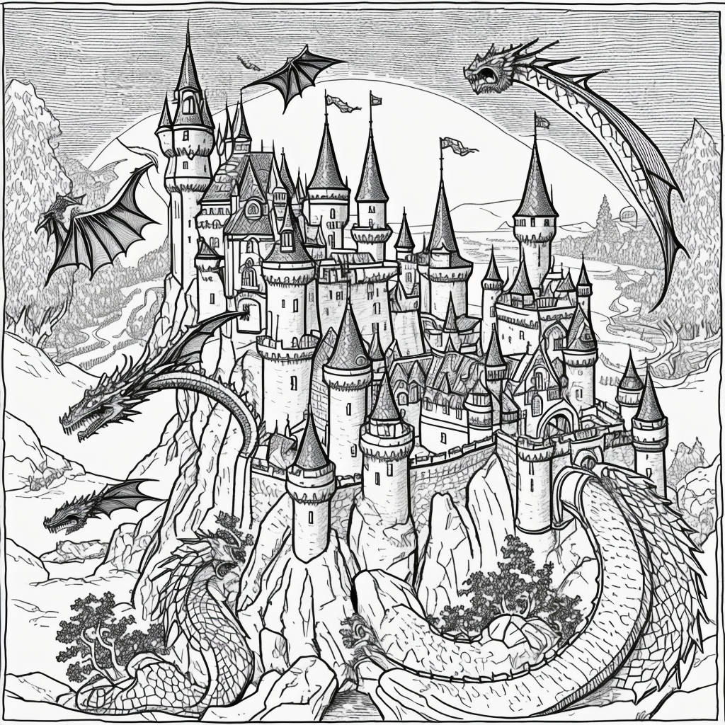 Explore Fantasy Castle Coloring Sheet with Dragons