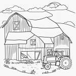 Black and white vector line art of a farm with a barn and tractor, featuring bold clean outlines, ideal for children's coloring pages.