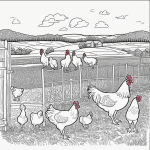 Black and white coloring book page featuring farm chickens and a rooster near a rustic fence, with clean outlines and intricate details.