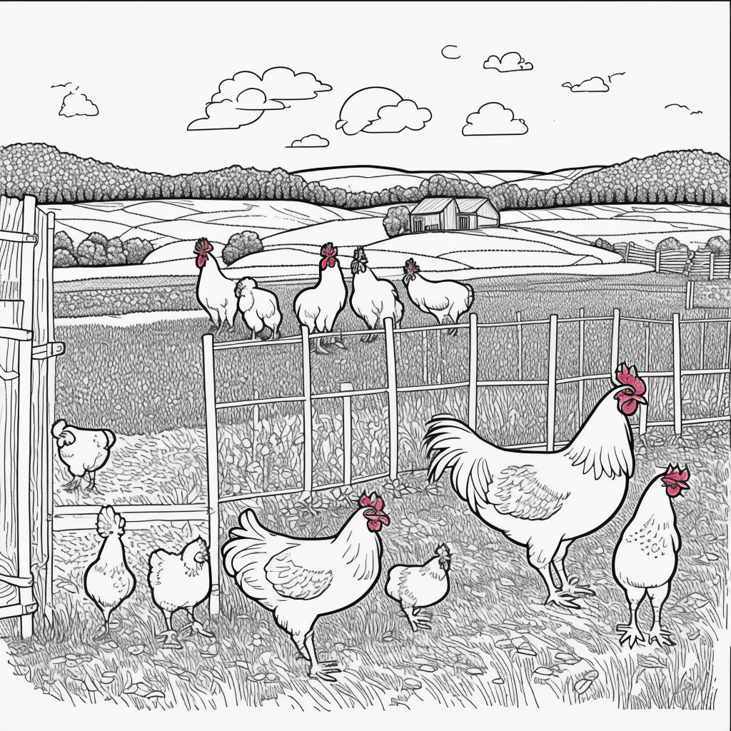 Charming Farm Chickens and Rooster Coloring Page