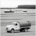 Black and white line art of a farm truck carrying hay, designed for coloring, featuring clean outlines and blank fill areas on a white background.