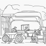 Simple black and white vector line art of a farmer driving a tractor, ideal for children's coloring pages with bold outlines and minimal composition.