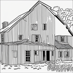 A charming farmhouse cartoon in pure black and white line art style, featuring simple outlines and blank areas ideal for coloring enthusiasts.