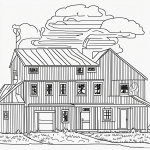 A simple farmhouse cartoon line art, featuring clean outlines and blank fill areas, designed for coloring book enthusiasts in a pure black and white style.