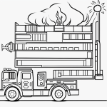 Black and white fire truck cartoon line art with simple outlines, perfect for coloring books, featuring clean, uncolored fill areas and no shading.